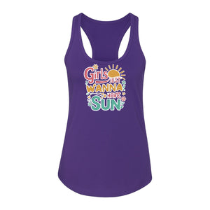 Girls Just Wanna Have Sun Women's Racerback Tank Top, Retro Sunshine Floral Beach Party Design