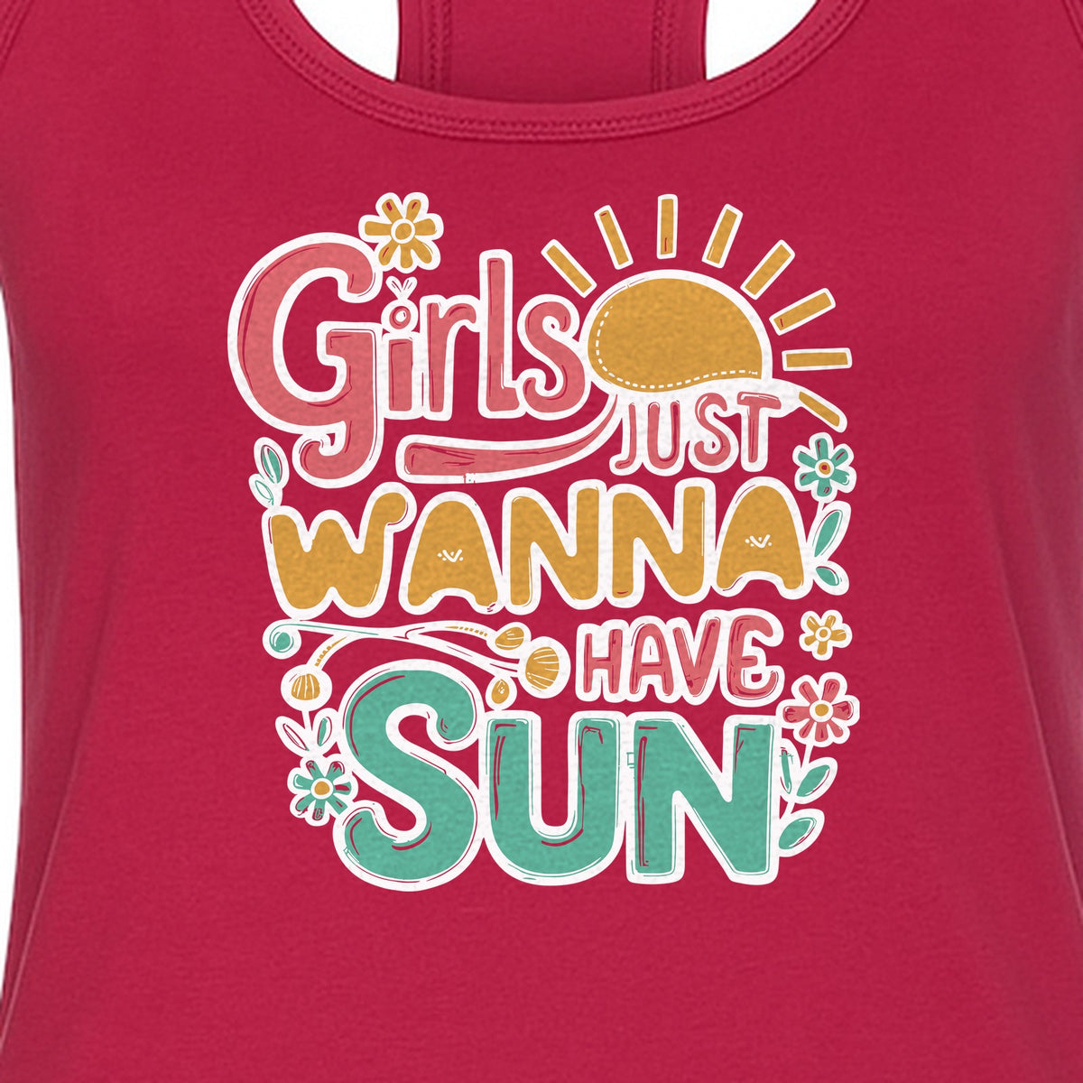 Girls Just Wanna Have Sun Women's Racerback Tank Top, Retro Sunshine Floral Beach Party Design