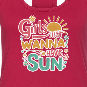 Girls Just Wanna Have Sun Women's Racerback Tank Top, Retro Sunshine Floral Beach Party Design