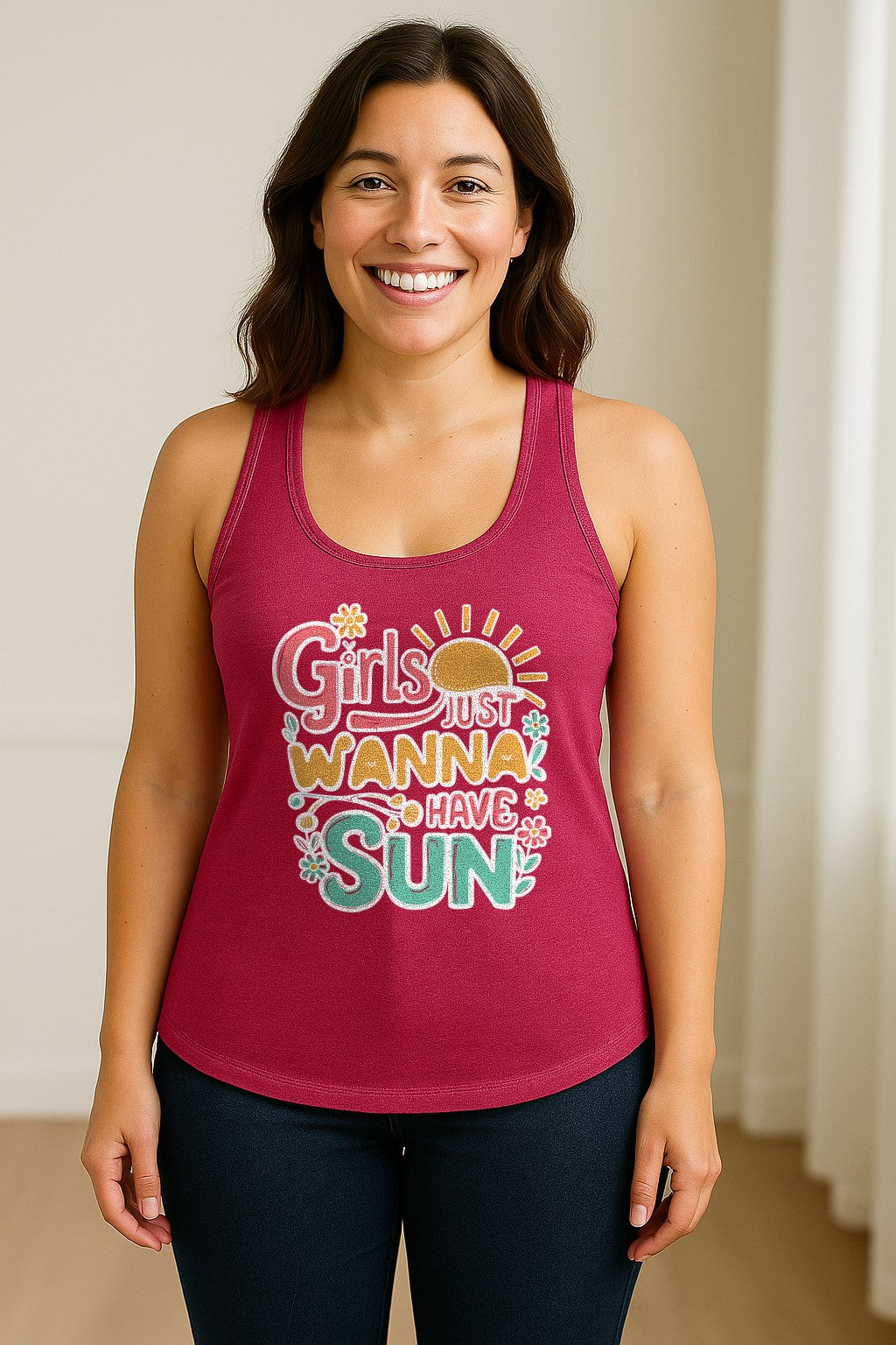 Girls Just Wanna Have Sun Women's Racerback Tank Top, Retro Sunshine Floral Beach Party Design