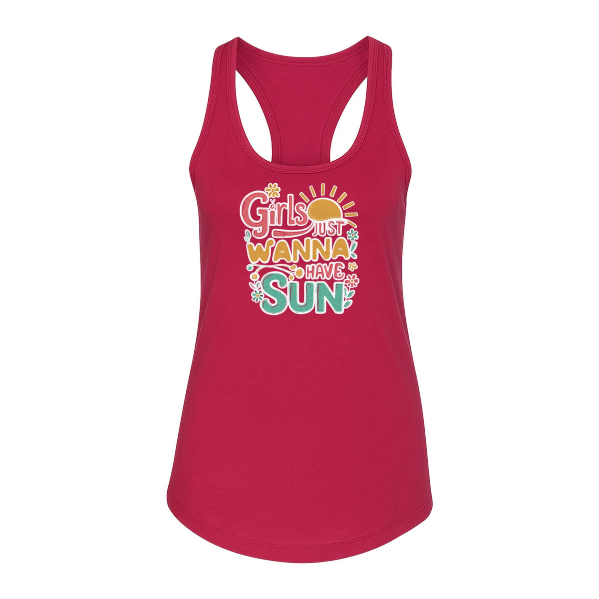 Girls Just Wanna Have Sun Women's Racerback Tank Top, Retro Sunshine Floral Beach Party Design