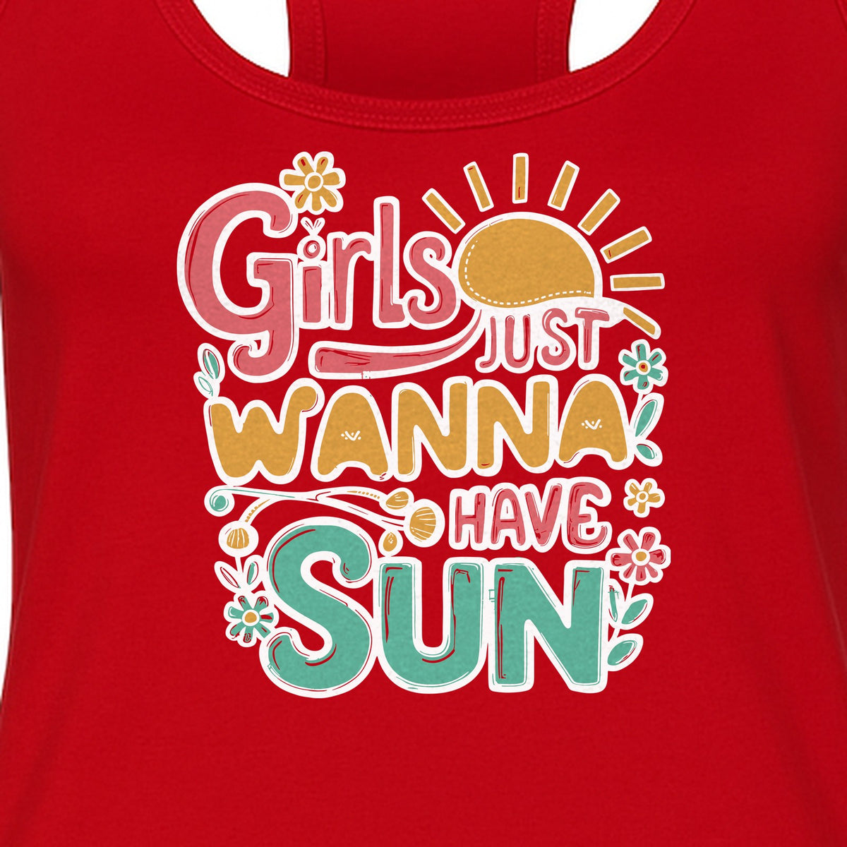 Girls Just Wanna Have Sun Women's Racerback Tank Top, Retro Sunshine Floral Beach Party Design