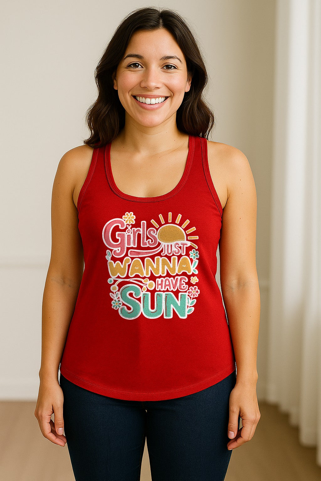 Girls Just Wanna Have Sun Women's Racerback Tank Top, Retro Sunshine Floral Beach Party Design