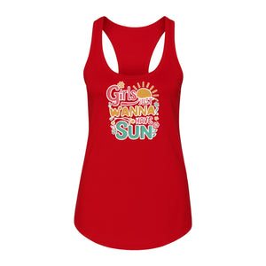 Girls Just Wanna Have Sun Women's Racerback Tank Top, Retro Sunshine Floral Beach Party Design