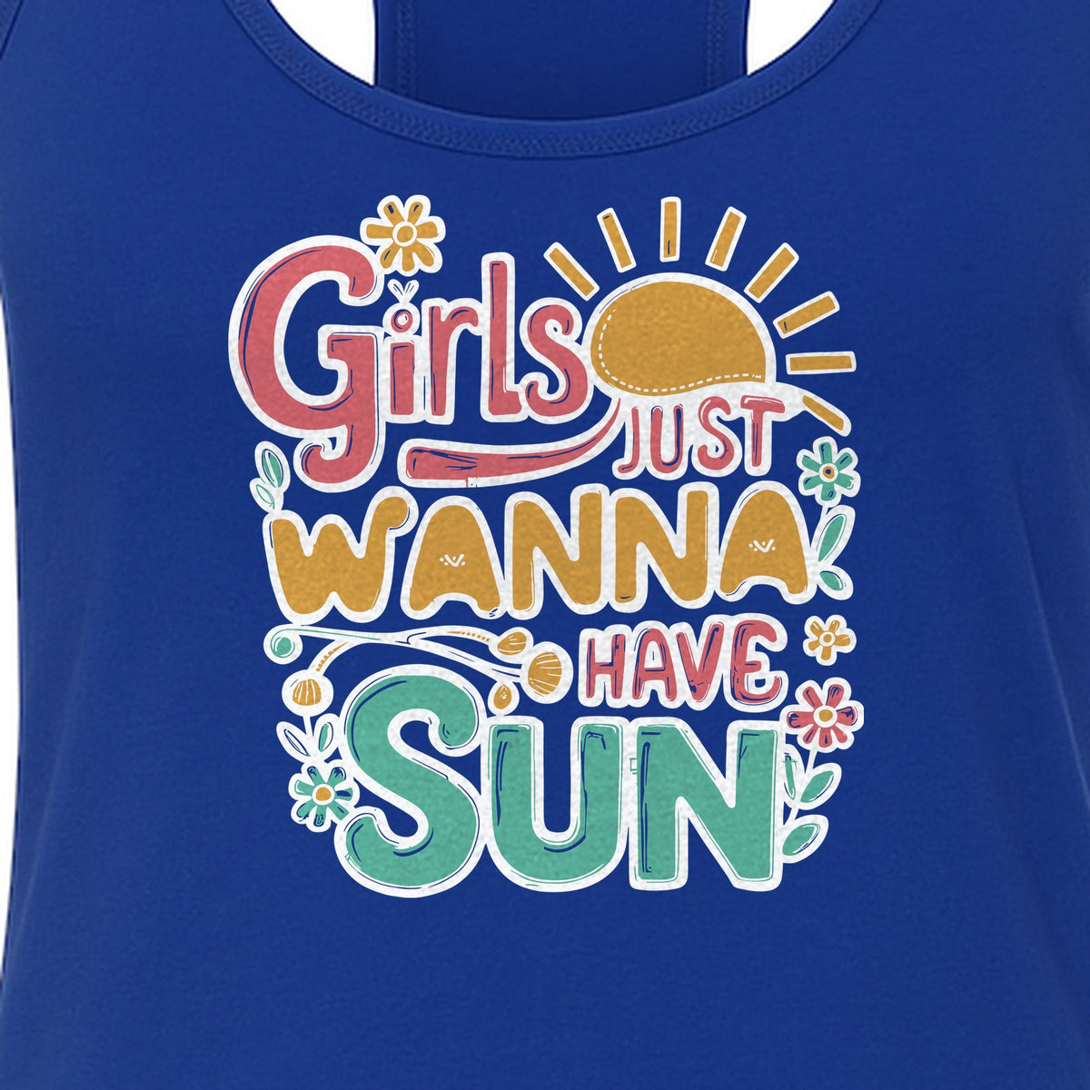 Girls Just Wanna Have Sun Women's Racerback Tank Top, Retro Sunshine Floral Beach Party Design