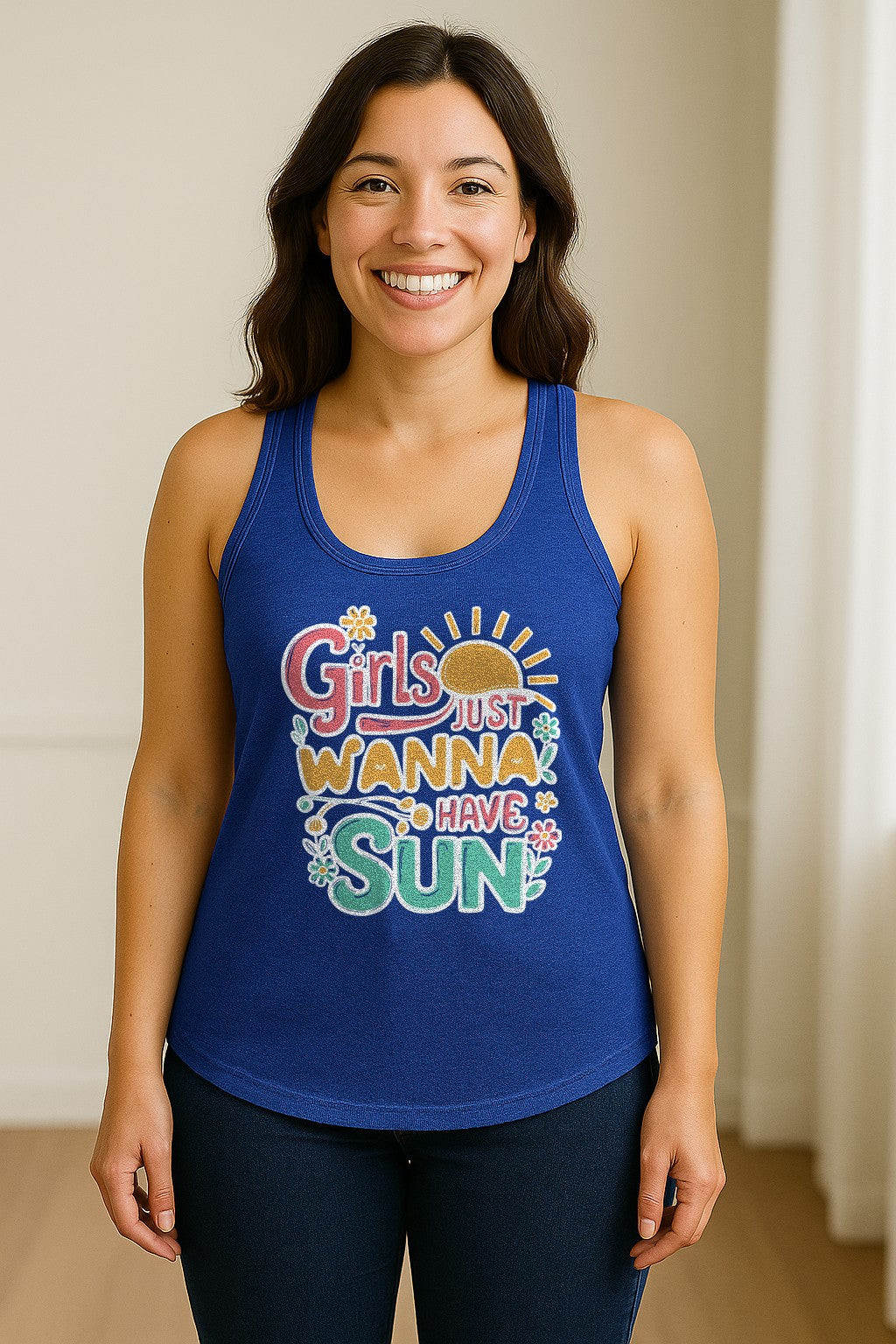 Girls Just Wanna Have Sun Women's Racerback Tank Top, Retro Sunshine Floral Beach Party Design