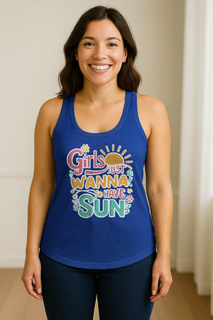 Girls Just Wanna Have Sun Women's Racerback Tank Top, Retro Sunshine Floral Beach Party Design