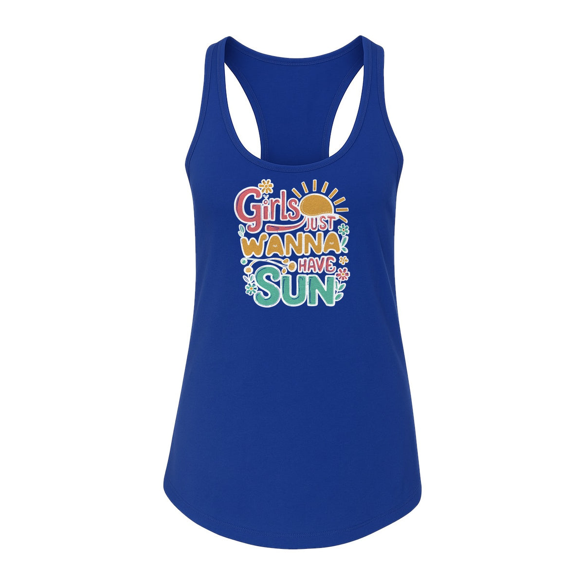 Girls Just Wanna Have Sun Women's Racerback Tank Top, Retro Sunshine Floral Beach Party Design