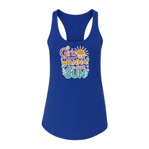 Girls Just Wanna Have Sun Women's Racerback Tank Top, Retro Sunshine Floral Beach Party Design