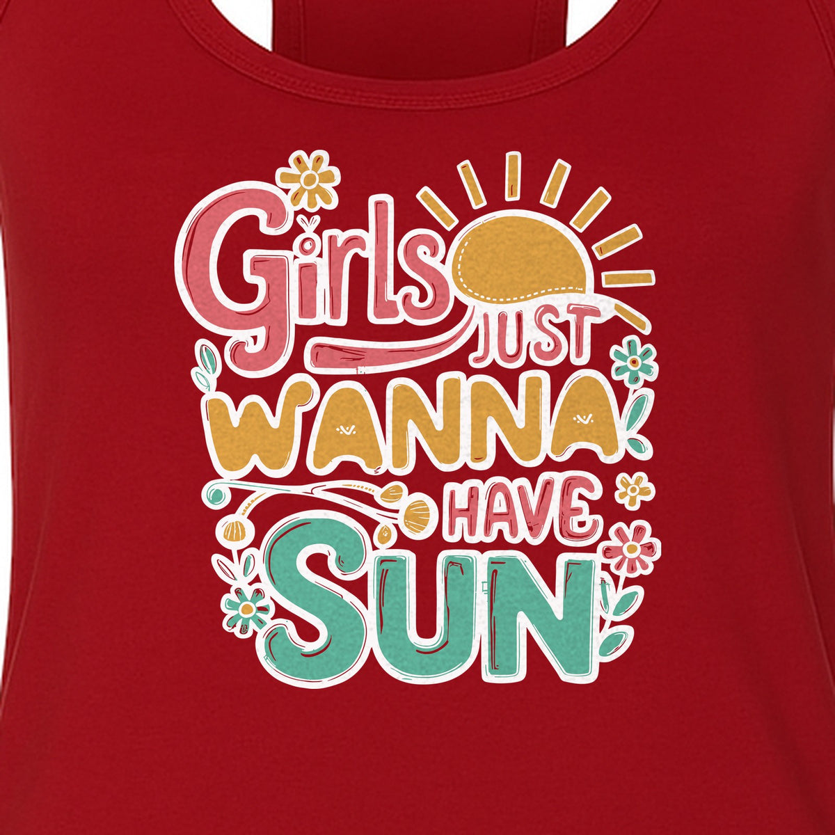 Girls Just Wanna Have Sun Women's Racerback Tank Top, Retro Sunshine Floral Beach Party Design