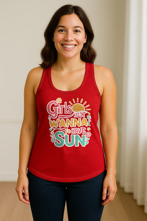 Girls Just Wanna Have Sun Women's Racerback Tank Top, Retro Sunshine Floral Beach Party Design