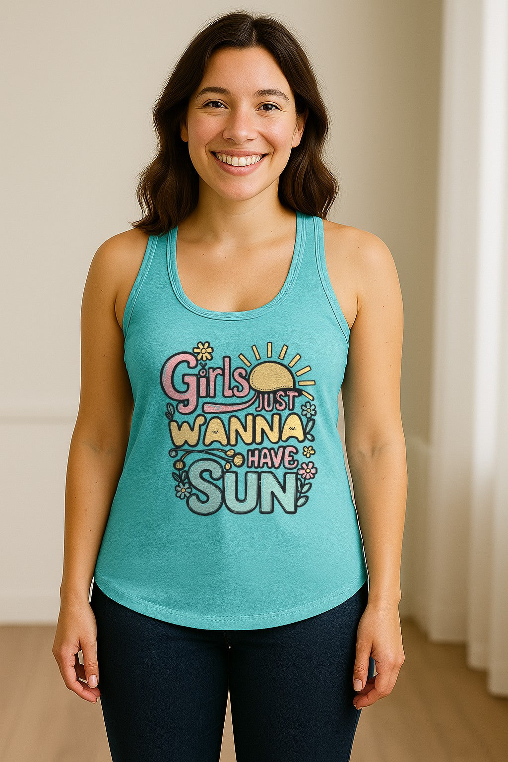Girls Just Wanna Have Sun Women's Racerback Tank Top, Retro Sunshine Floral Beach Party Design