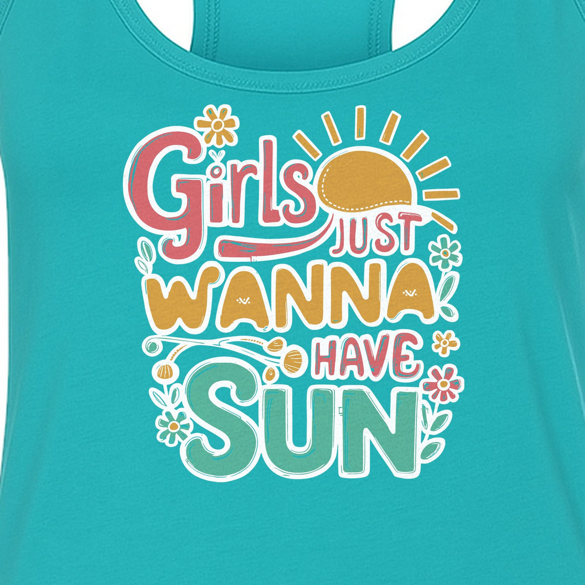 Girls Just Wanna Have Sun Women's Racerback Tank Top, Retro Sunshine Floral Beach Party Design
