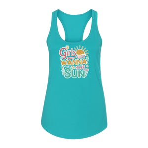 Girls Just Wanna Have Sun Women's Racerback Tank Top, Retro Sunshine Floral Beach Party Design