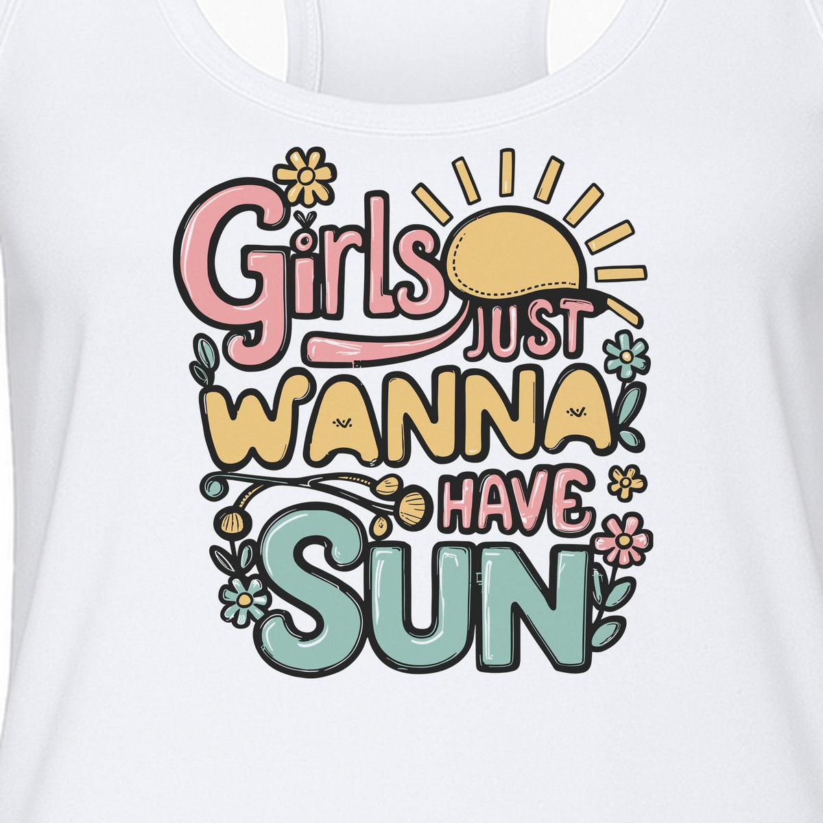 Girls Just Wanna Have Sun Women's Racerback Tank Top, Retro Sunshine Floral Beach Party Design