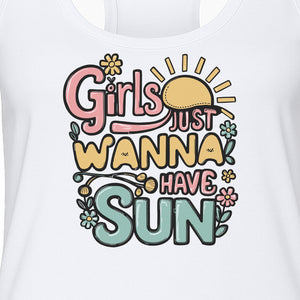 Girls Just Wanna Have Sun Women's Racerback Tank Top, Retro Sunshine Floral Beach Party Design