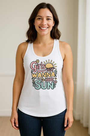 Girls Just Wanna Have Sun Women's Racerback Tank Top, Retro Sunshine Floral Beach Party Design