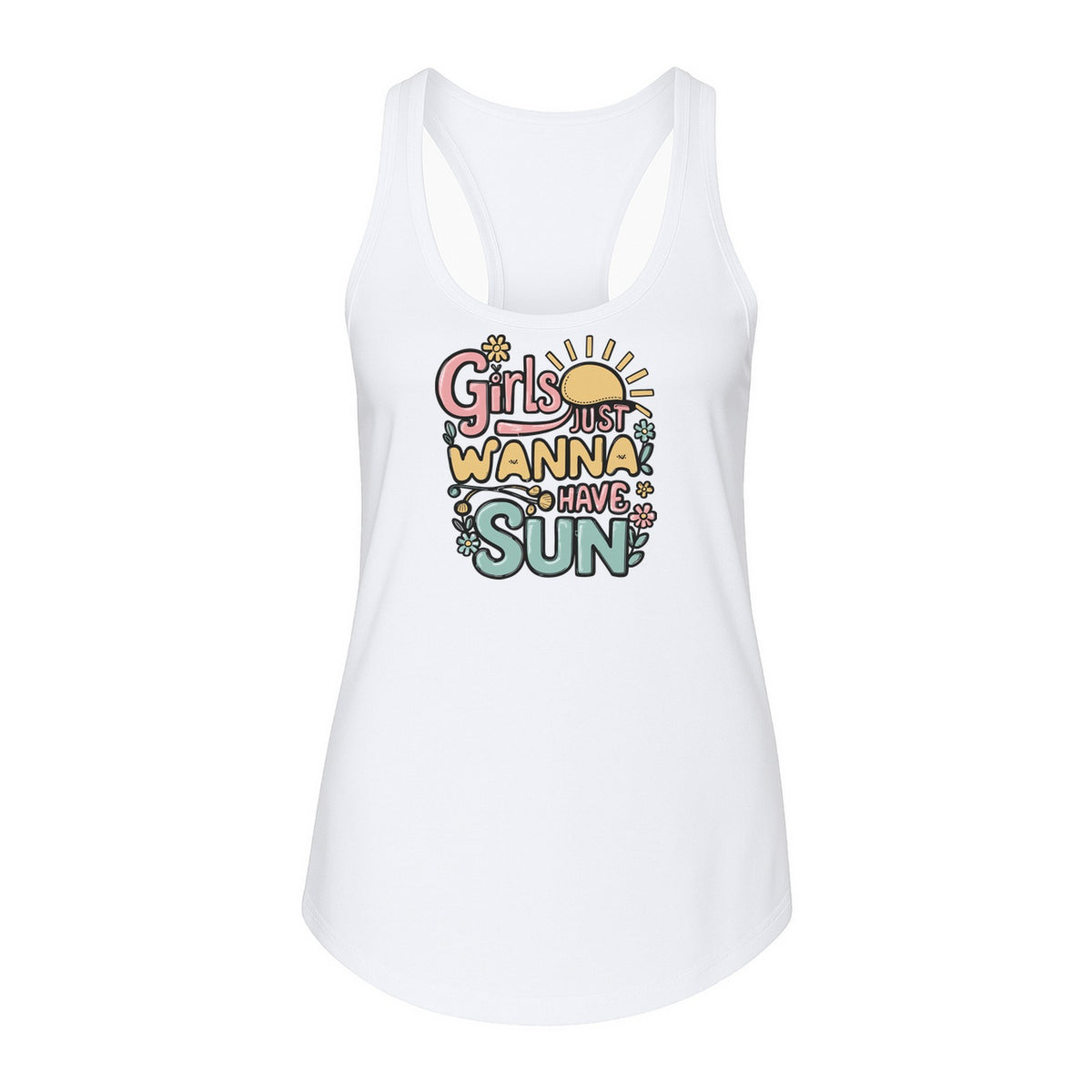 Girls Just Wanna Have Sun Women's Racerback Tank Top, Retro Sunshine Floral Beach Party Design