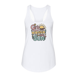 Girls Just Wanna Have Sun Women's Racerback Tank Top, Retro Sunshine Floral Beach Party Design