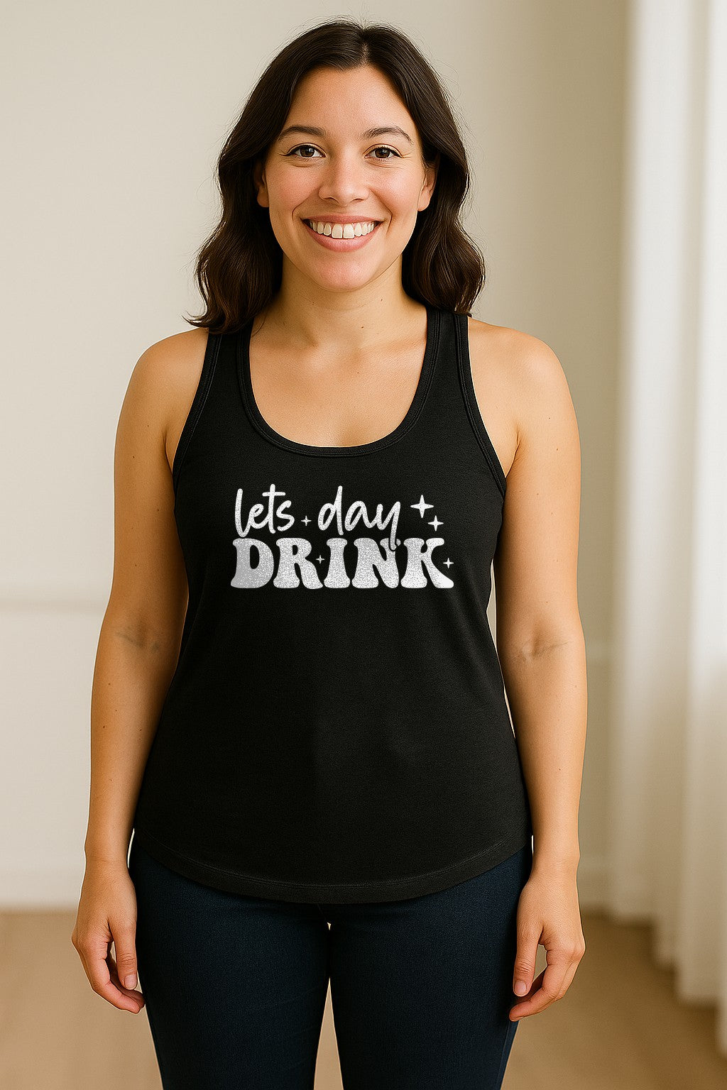Let's Day Drink Women's Racerback Tank Top, Script Graphic for Girls Trips, Beach Days and Summer Parties