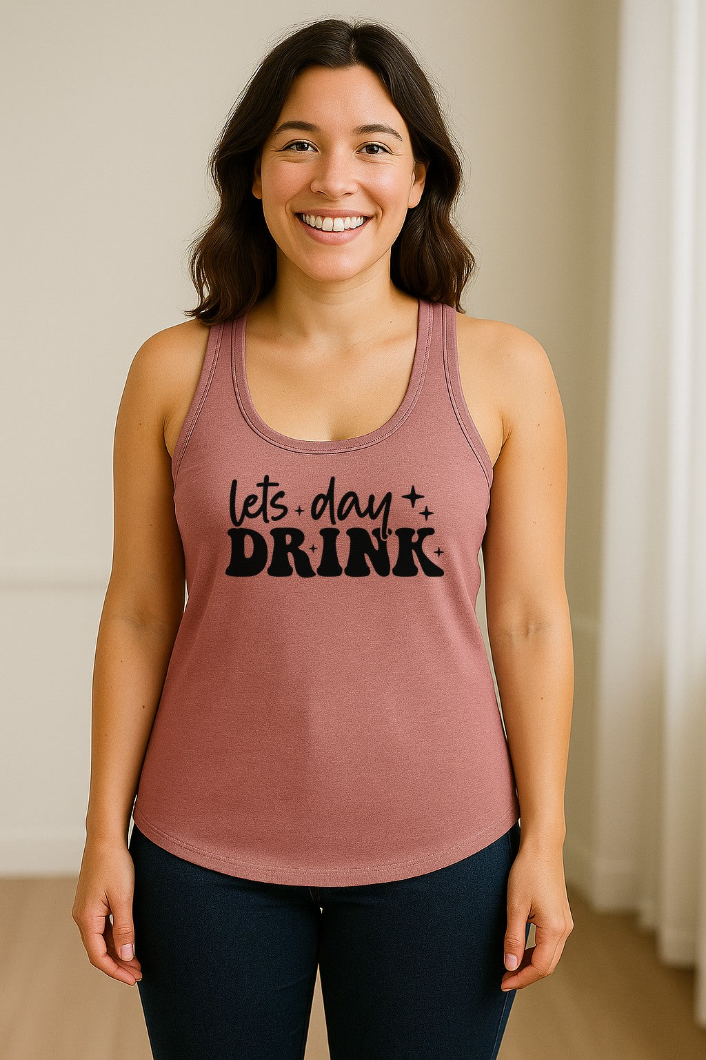 Let's Day Drink Women's Racerback Tank Top, Script Graphic for Girls Trips, Beach Days and Summer Parties