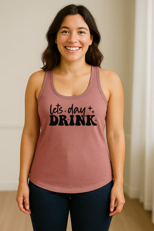 Let's Day Drink Women's Racerback Tank Top, Script Graphic for Girls Trips, Beach Days and Summer Parties