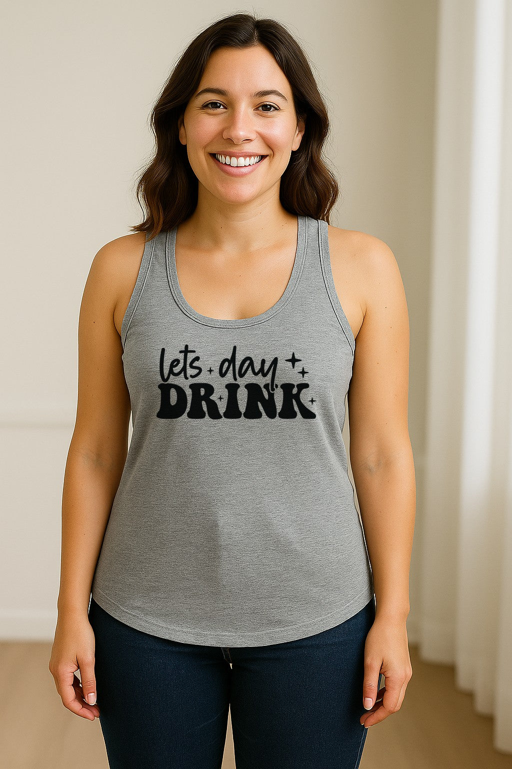 Let's Day Drink Women's Racerback Tank Top, Script Graphic for Girls Trips, Beach Days and Summer Parties