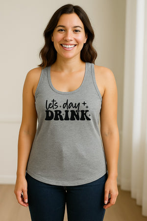 Let's Day Drink Women's Racerback Tank Top, Script Graphic for Girls Trips, Beach Days and Summer Parties