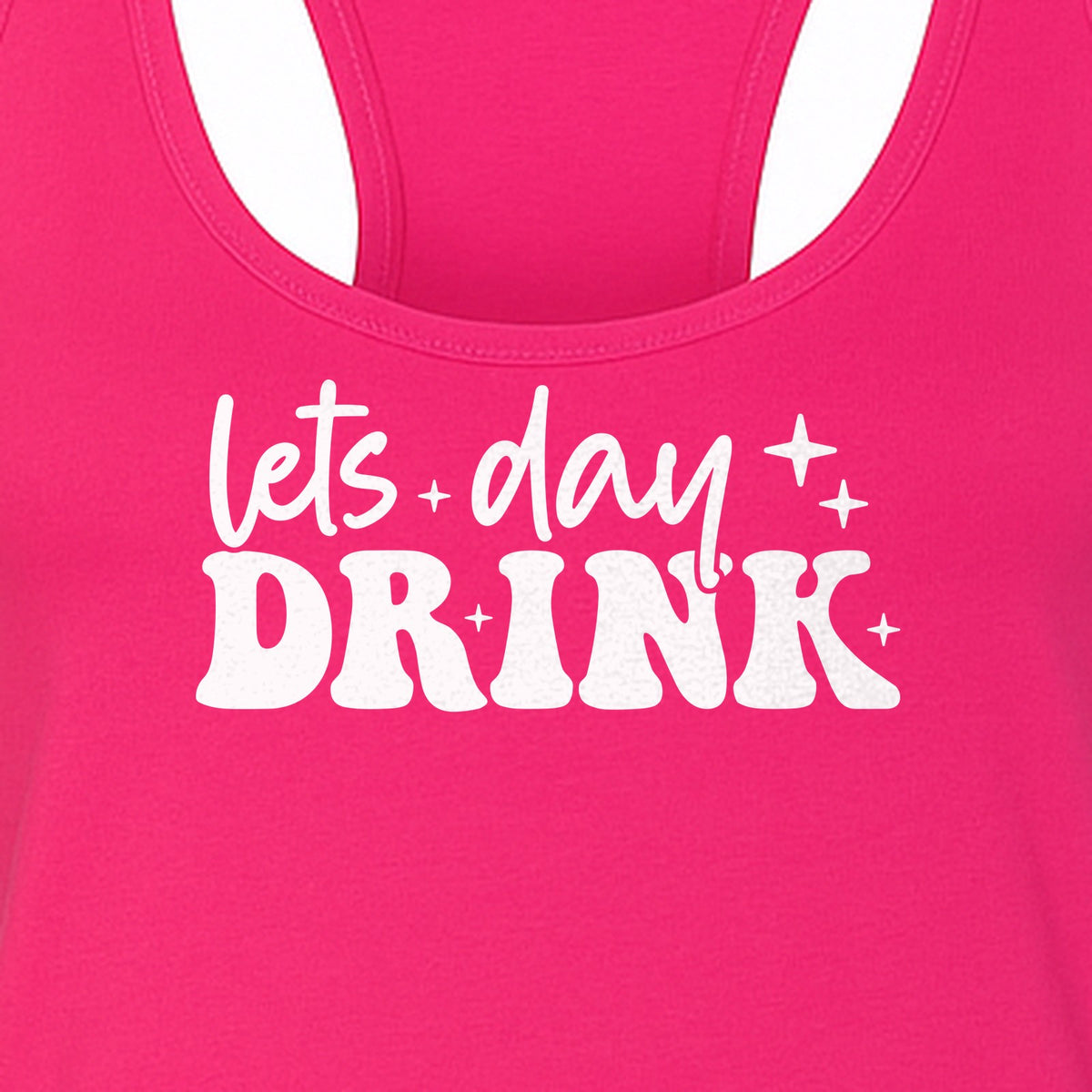 Let's Day Drink Women's Racerback Tank Top, Script Graphic for Girls Trips, Beach Days and Summer Parties