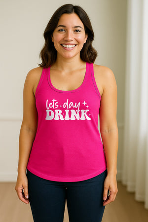 Let's Day Drink Women's Racerback Tank Top, Script Graphic for Girls Trips, Beach Days and Summer Parties