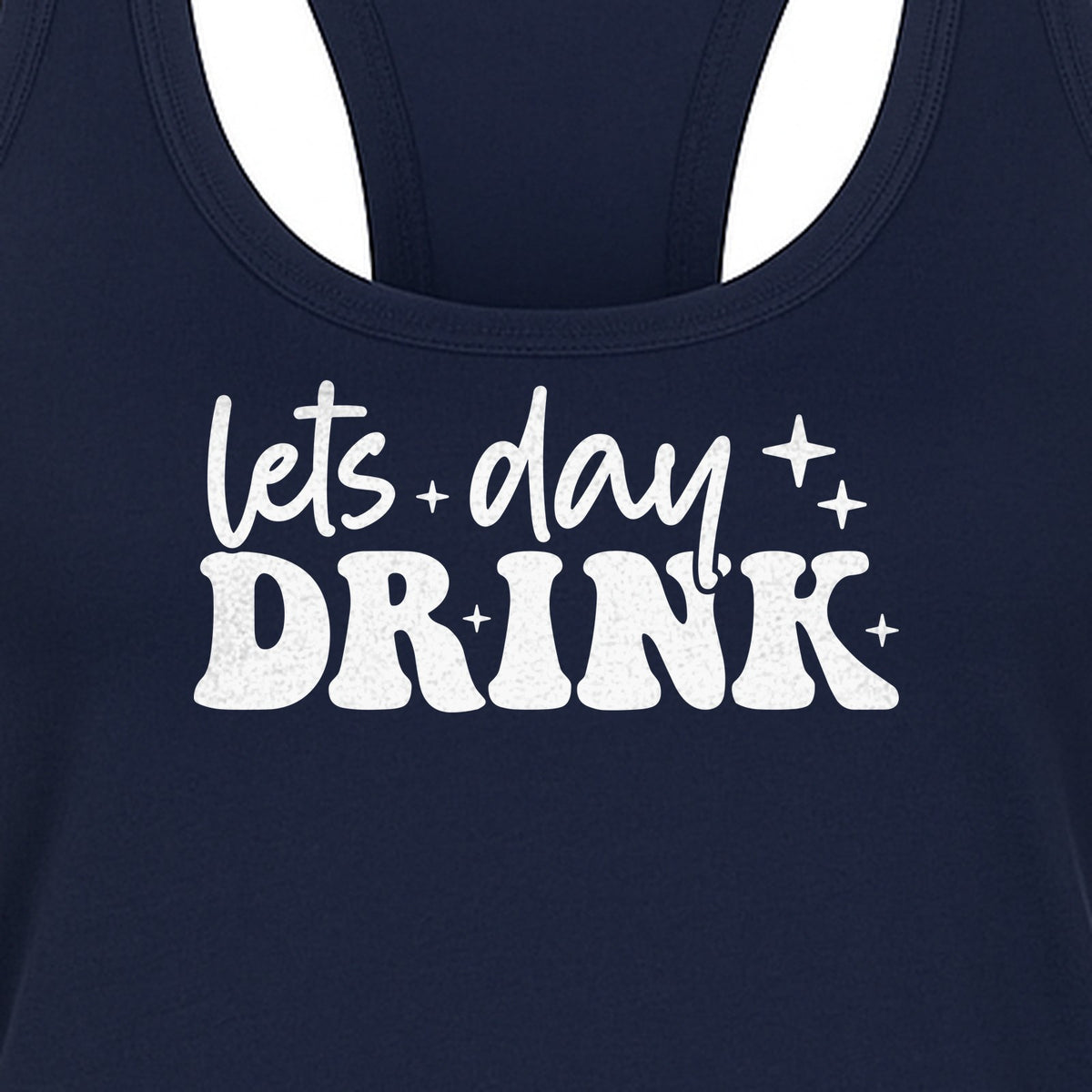 Let's Day Drink Women's Racerback Tank Top, Script Graphic for Girls Trips, Beach Days and Summer Parties