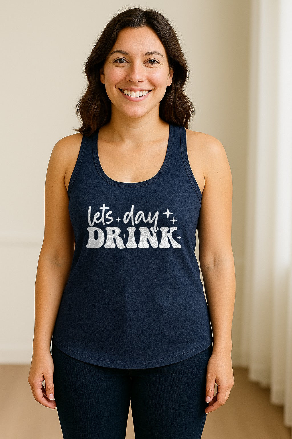 Let's Day Drink Women's Racerback Tank Top, Script Graphic for Girls Trips, Beach Days and Summer Parties