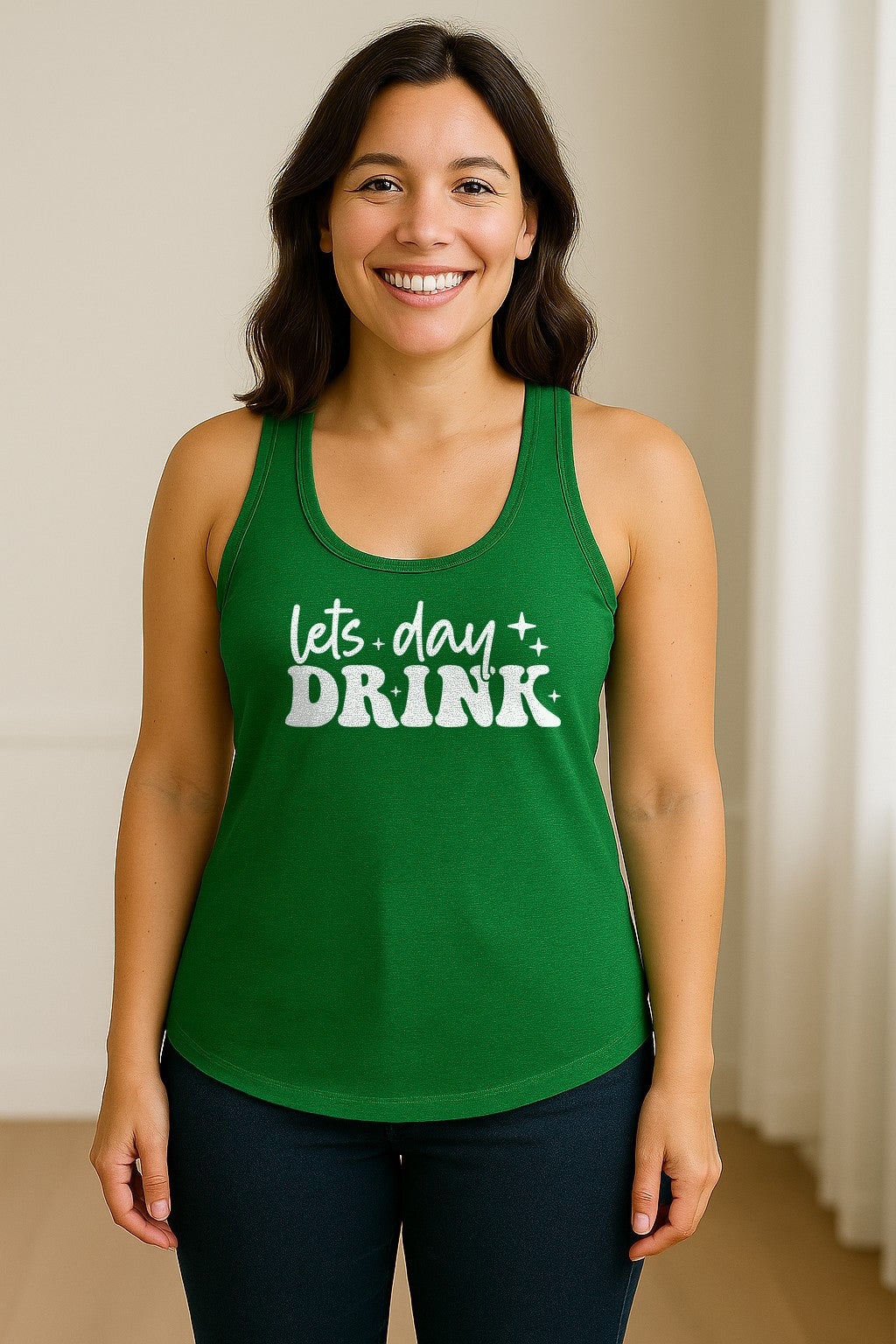 Let's Day Drink Women's Racerback Tank Top, Script Graphic for Girls Trips, Beach Days and Summer Parties