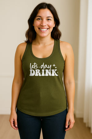 Let's Day Drink Women's Racerback Tank Top, Script Graphic for Girls Trips, Beach Days and Summer Parties