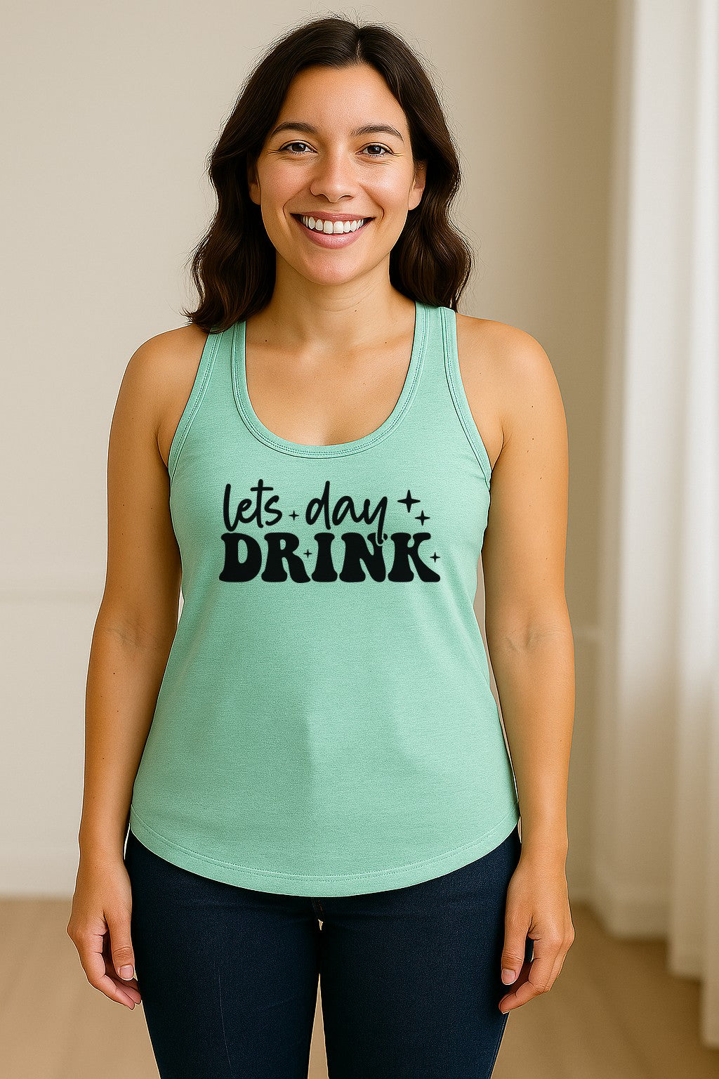 Let's Day Drink Women's Racerback Tank Top, Script Graphic for Girls Trips, Beach Days and Summer Parties