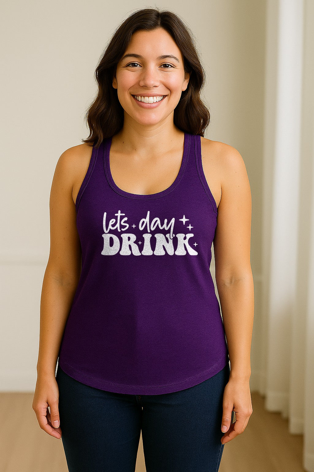 Let's Day Drink Women's Racerback Tank Top, Script Graphic for Girls Trips, Beach Days and Summer Parties