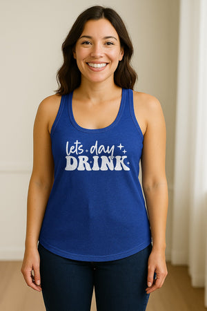 Let's Day Drink Women's Racerback Tank Top, Script Graphic for Girls Trips, Beach Days and Summer Parties