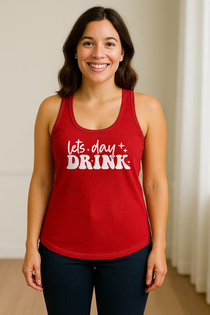 Let's Day Drink Women's Racerback Tank Top, Script Graphic for Girls Trips, Beach Days and Summer Parties