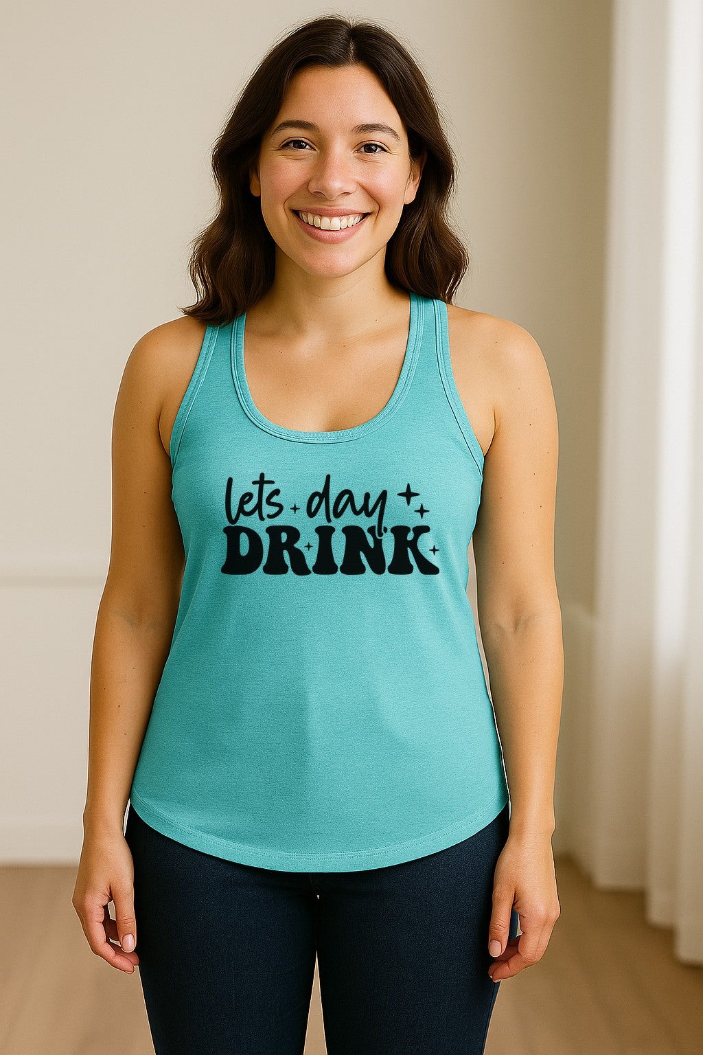 Let's Day Drink Women's Racerback Tank Top, Script Graphic for Girls Trips, Beach Days and Summer Parties