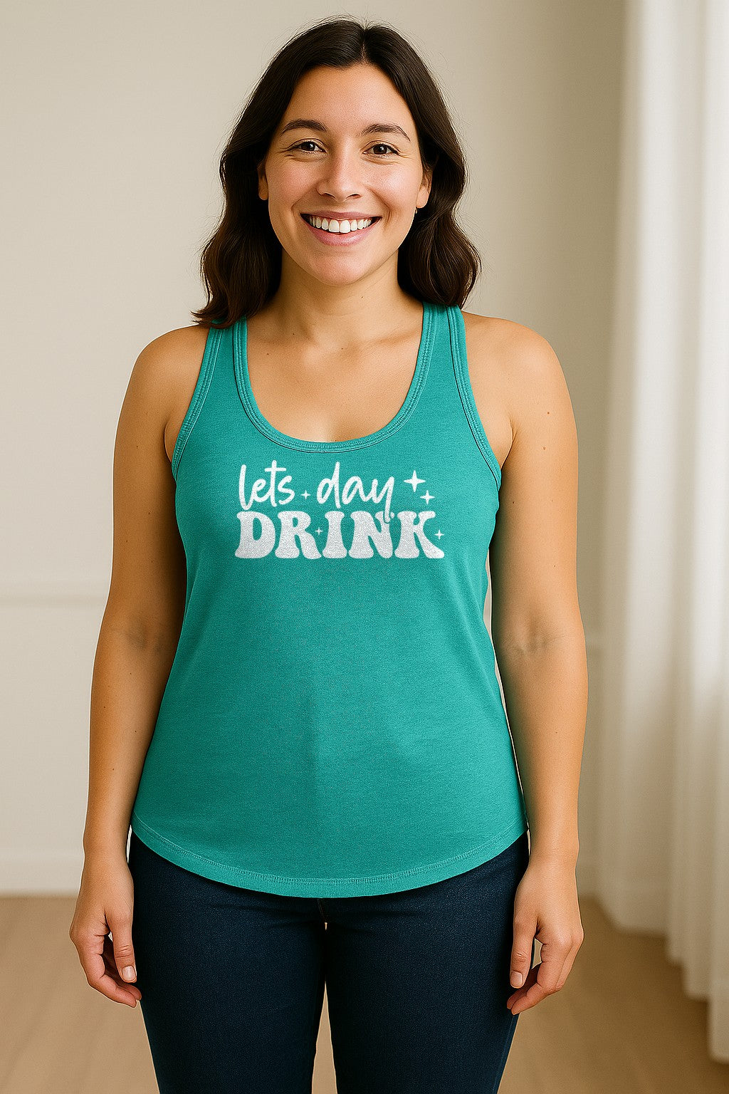 Let's Day Drink Women's Racerback Tank Top, Script Graphic for Girls Trips, Beach Days and Summer Parties