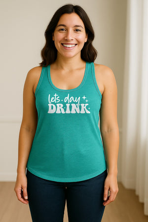 Let's Day Drink Women's Racerback Tank Top, Script Graphic for Girls Trips, Beach Days and Summer Parties