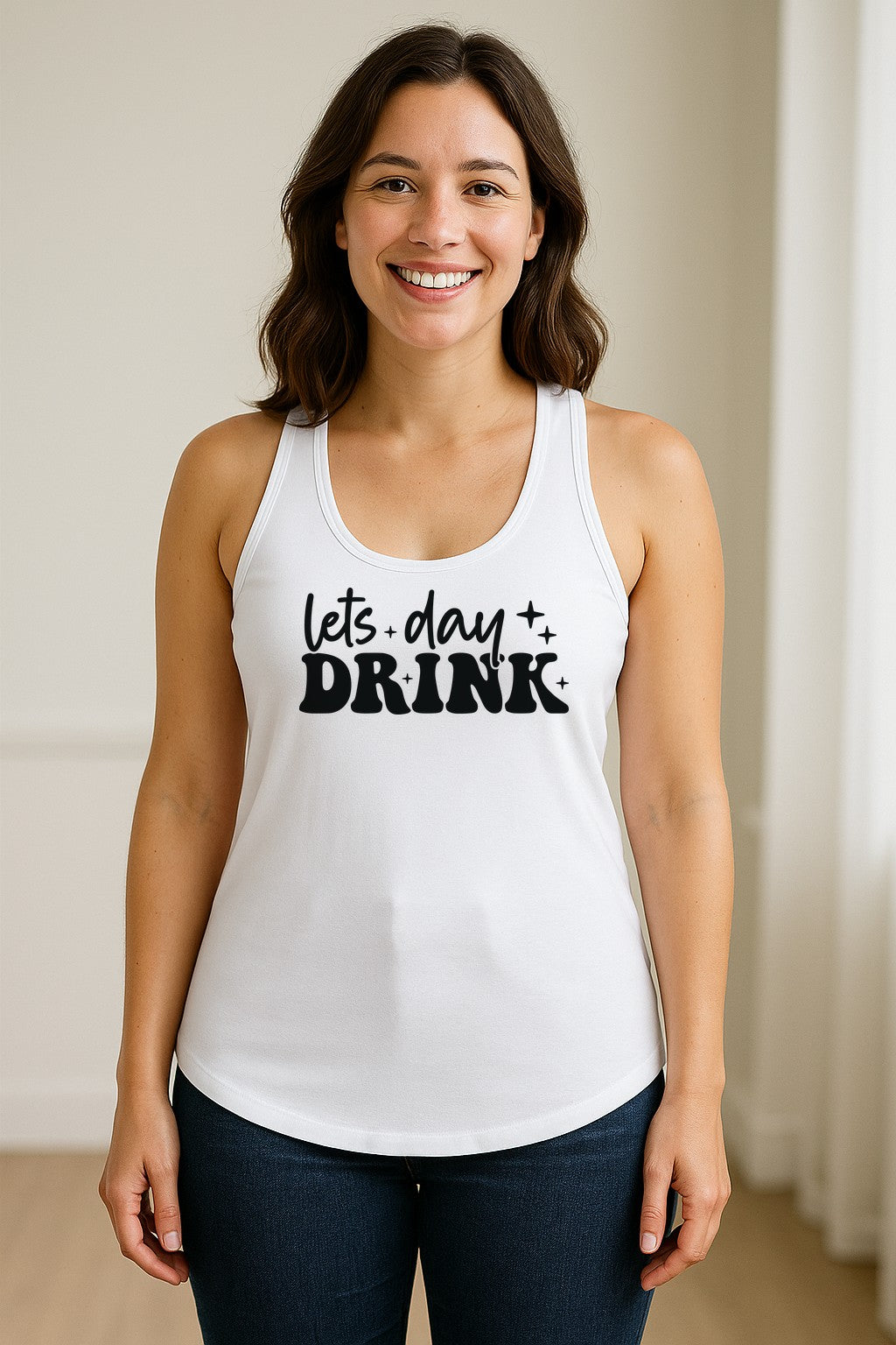Let's Day Drink Women's Racerback Tank Top, Script Graphic for Girls Trips, Beach Days and Summer Parties