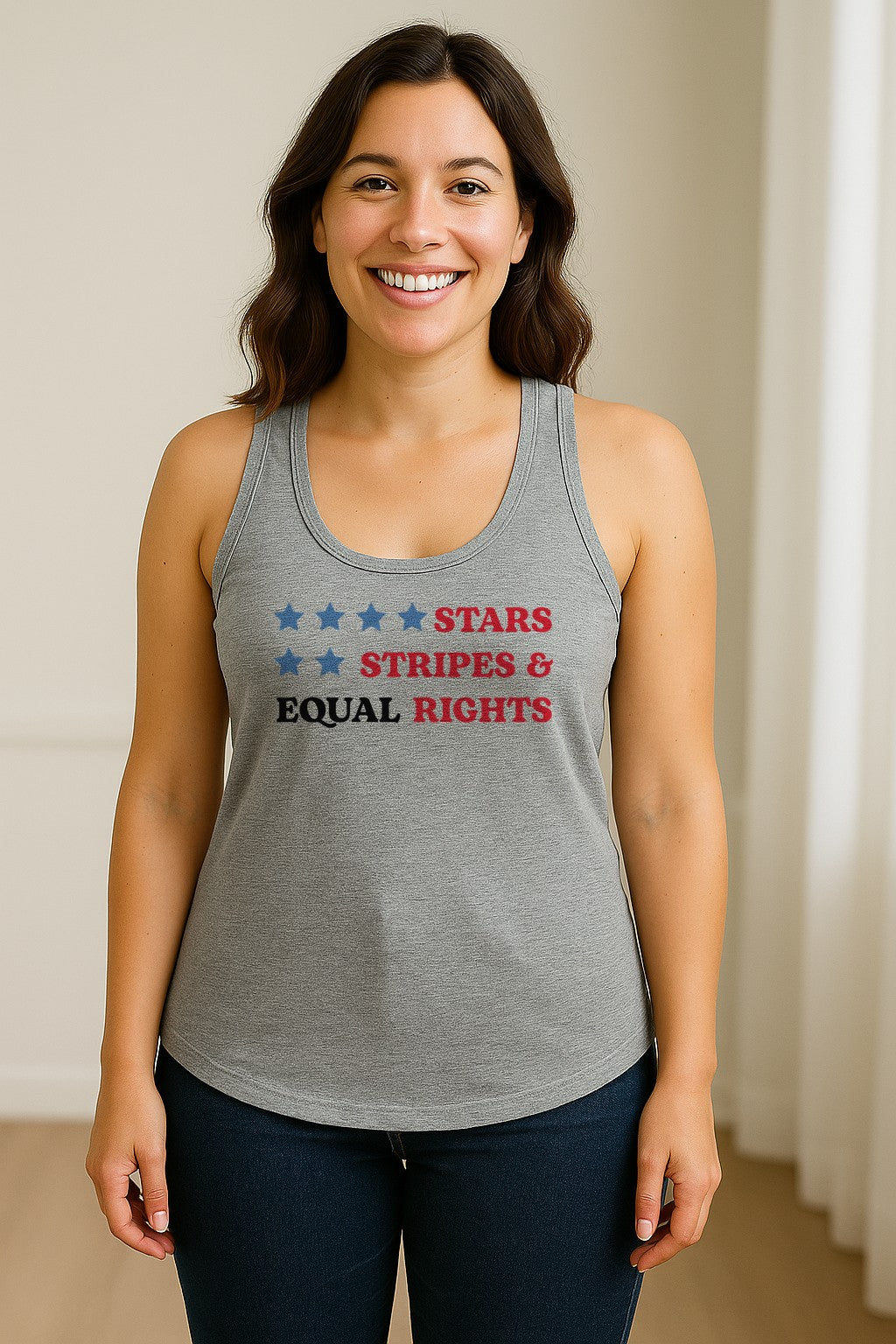 Stars and Stripes Equal Rights Women's Racerback Tank Top, Patriotic Feminist Design