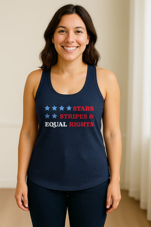 Stars and Stripes Equal Rights Women's Racerback Tank Top, Patriotic Feminist Design
