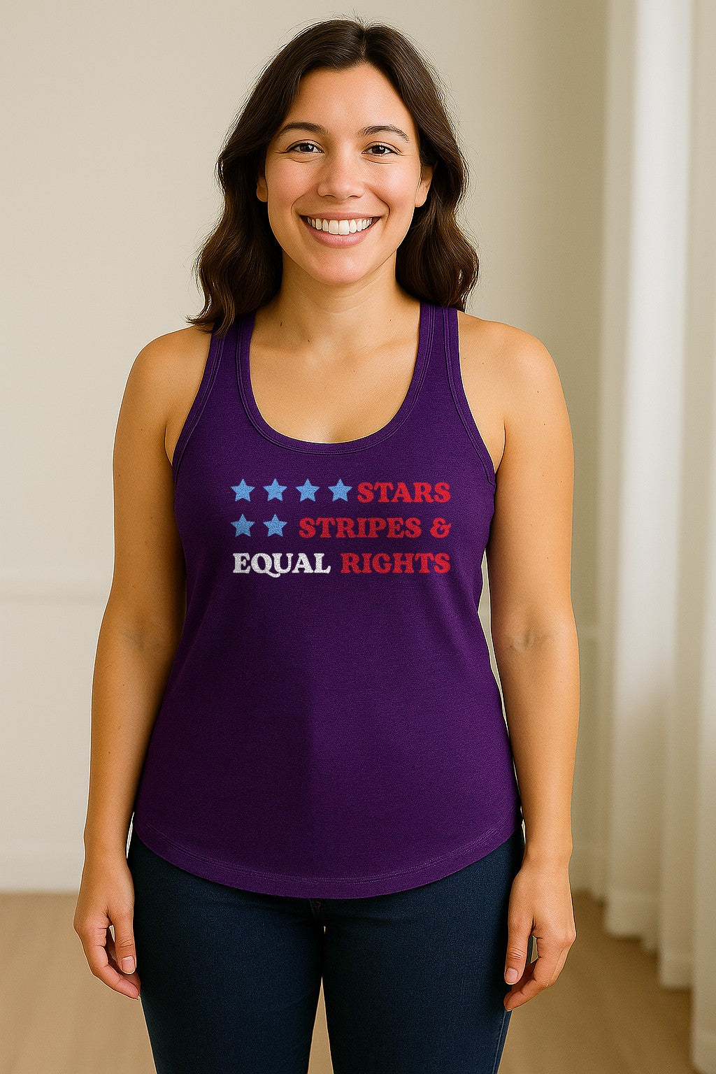 Stars and Stripes Equal Rights Women's Racerback Tank Top, Patriotic Feminist Design