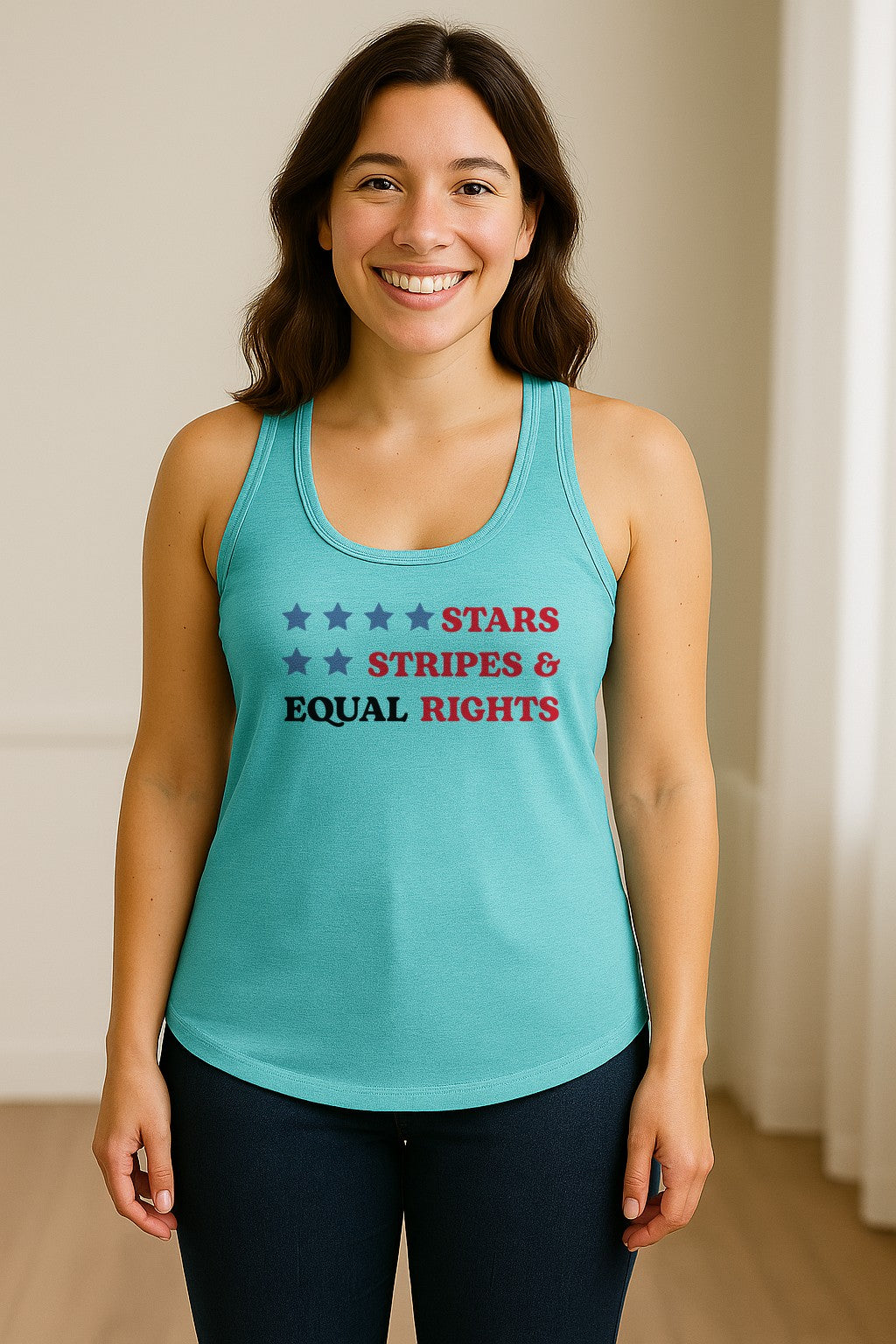 Stars and Stripes Equal Rights Women's Racerback Tank Top, Patriotic Feminist Design