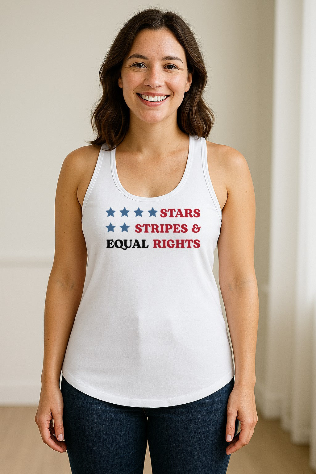 Stars and Stripes Equal Rights Women's Racerback Tank Top, Patriotic Feminist Design