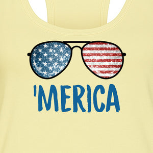 'Merica Sunglasses Women's Racerback Tank Top, Patriotic Fourth of July Outfit