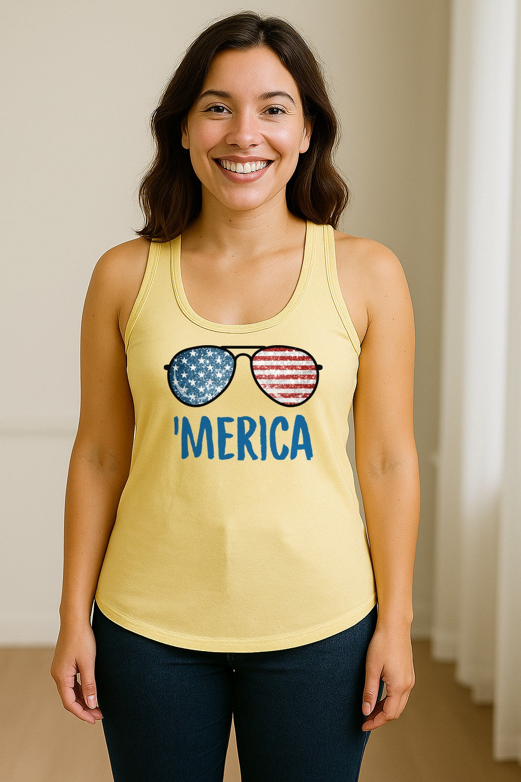 'Merica Sunglasses Women's Racerback Tank Top, Patriotic Fourth of July Outfit