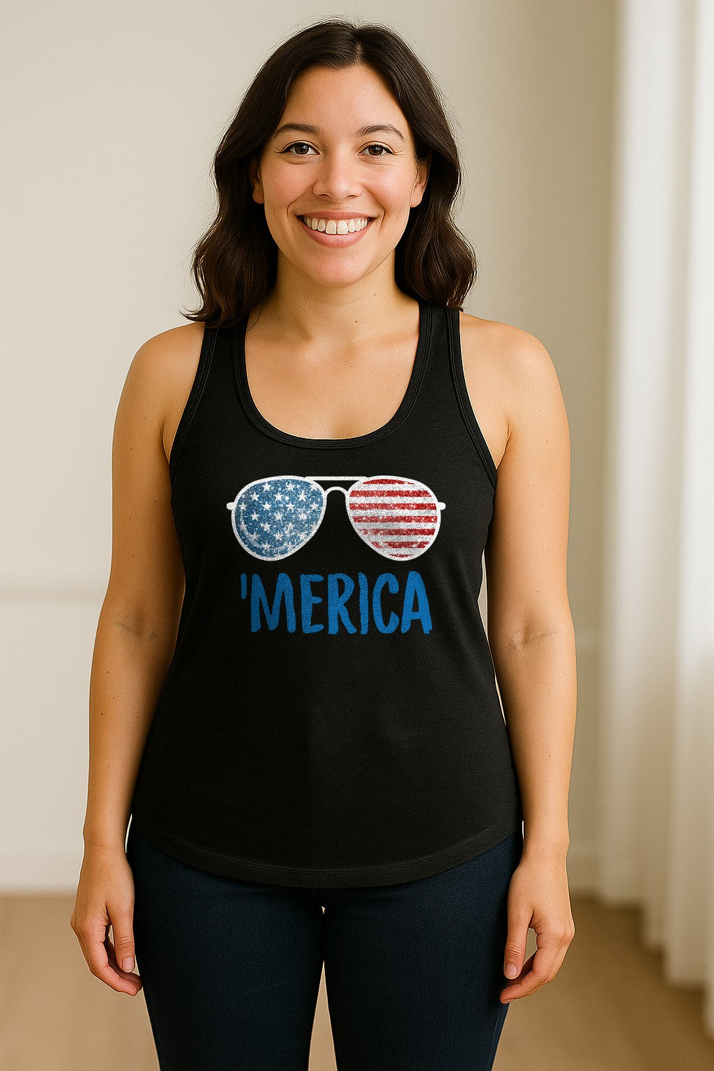 'Merica Sunglasses Women's Racerback Tank Top, Patriotic Fourth of July Outfit